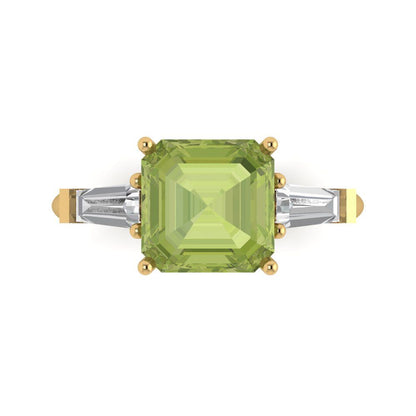 3 cttw Natural Peridot Three-Stone Engagement Ring - Solid Yellow Gold (VVS1, Asscher Cut,8.0mm)