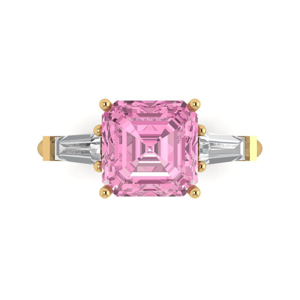 3 cttw Zirconia Simulated Pink Diamond Three-Stone Engagement Ring - Solid Gold (VVS1, Asscher Cut,8.0mm)