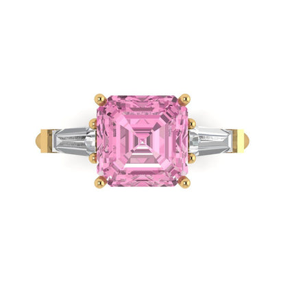 3 cttw Zirconia Simulated Pink Diamond Three-Stone Engagement Ring - Solid Gold (VVS1, Asscher Cut,8.0mm)