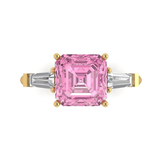3 cttw Zirconia Simulated Pink Diamond Three-Stone Engagement Ring - Solid Yellow Gold (VVS1, Asscher Cut,8.0mm)