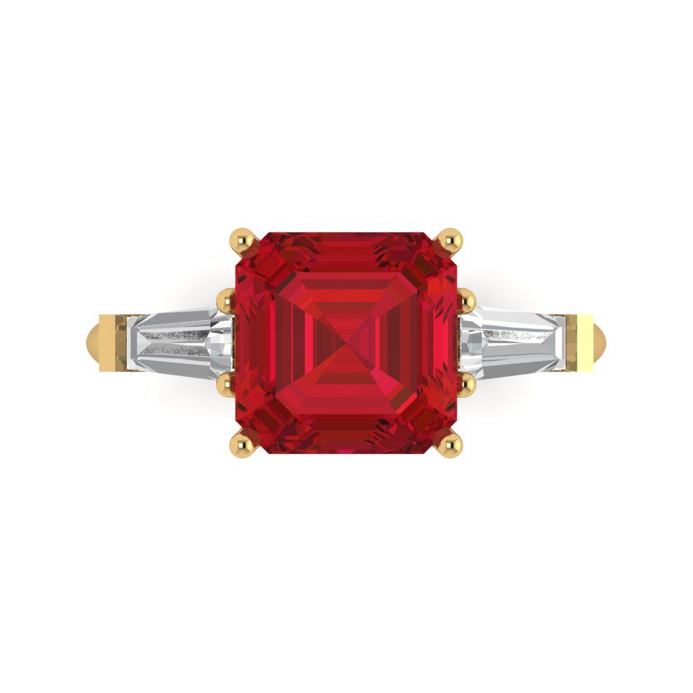 3 cttw Simulated Ruby Three-Stone Engagement Ring - Solid Yellow Gold (VVS1, Asscher Cut,8.0mm)