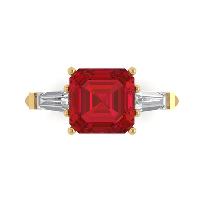 3 cttw Simulated Ruby Three-Stone Engagement Ring - Solid Yellow Gold (VVS1, Asscher Cut,8.0mm)