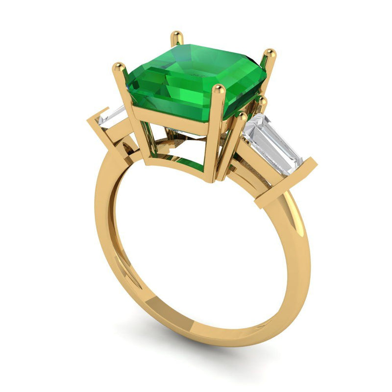 3 ct Brilliant Asscher Cut Simulated Emerald Stone Yellow Gold Three-Stone Ring