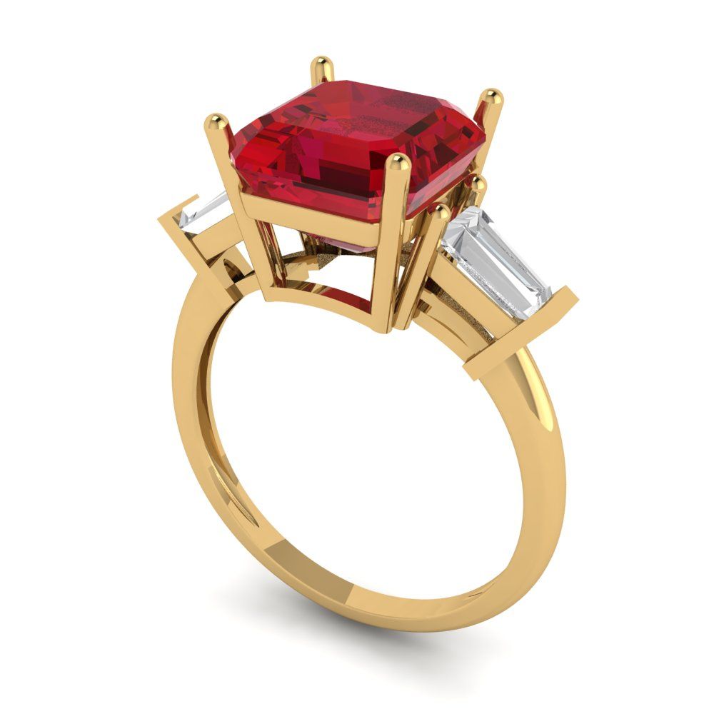 3 cttw Simulated Ruby Three-Stone Engagement Ring - Solid Yellow Gold (VVS1, Asscher Cut,8.0mm)