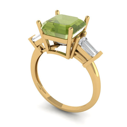 3 cttw Natural Peridot Three-Stone Engagement Ring - Solid Yellow Gold (VVS1, Asscher Cut,8.0mm)