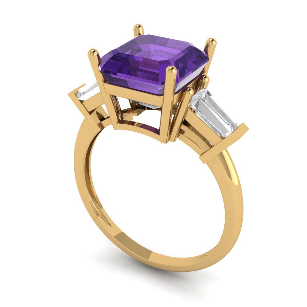 3 cttw Natural Amethyst Three-Stone Engagement Ring - Solid Yellow Gold (VVS1, Asscher Cut,8.0mm)