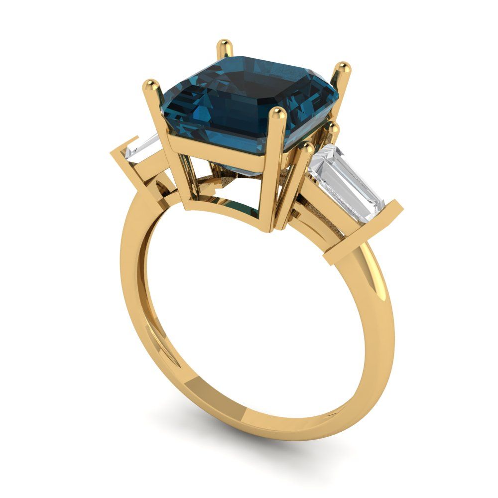 3 cttw Natural London Blue Topaz Three-Stone Engagement Ring - Solid Gold (Asscher Cut,8.0mm)