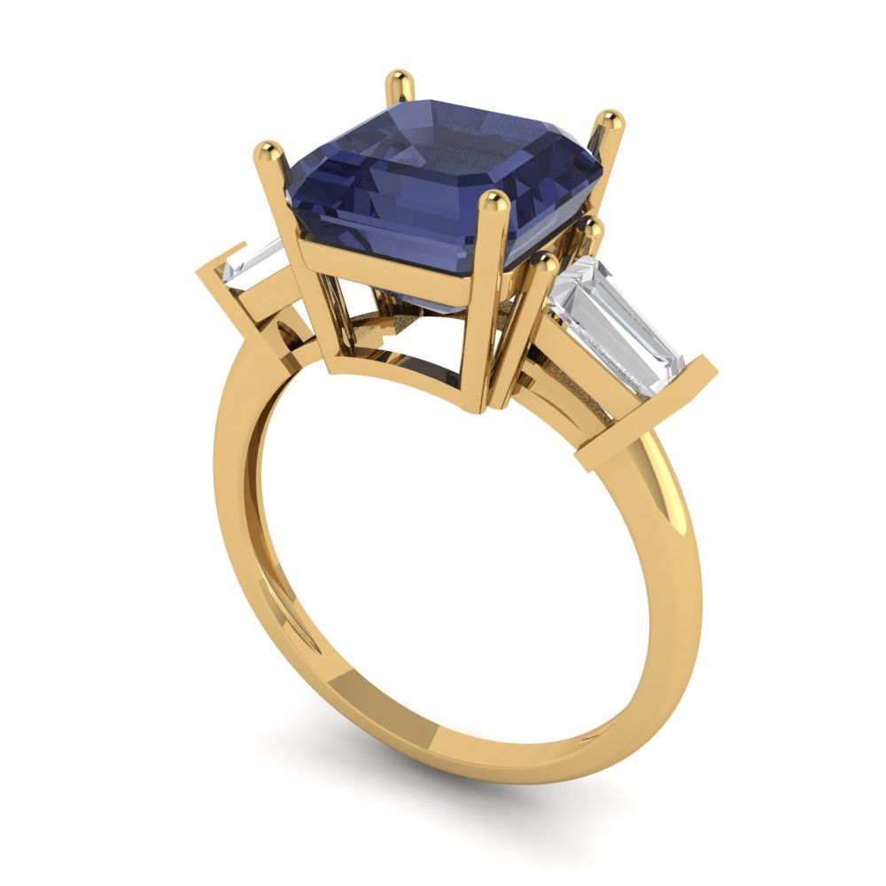 3 cttw Simulated Blue Sapphire Three-Stone Engagement Ring - Solid Gold (Asscher Cut,8.0mm)