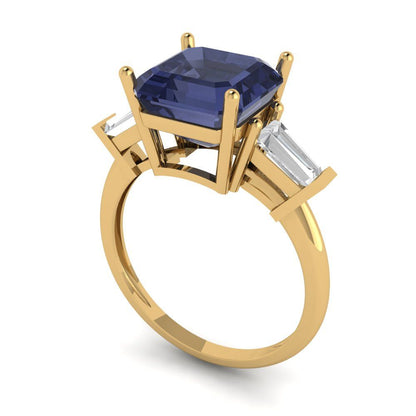 3 cttw Simulated Blue Sapphire Three-Stone Engagement Ring - Solid Gold (Asscher Cut,8.0mm)