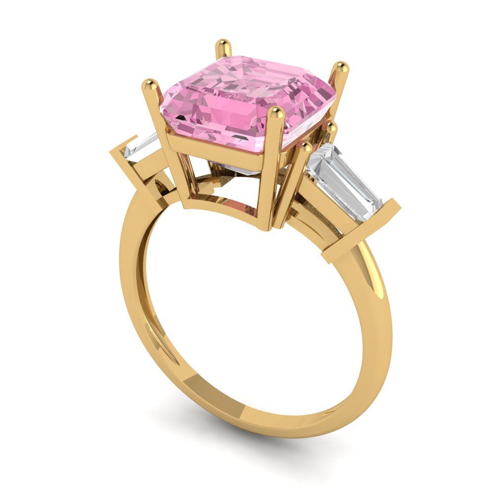 3 cttw Zirconia Simulated Pink Diamond Three-Stone Engagement Ring - Solid Gold (VVS1, Asscher Cut,8.0mm)