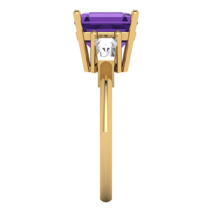 3 cttw Natural Amethyst Three-Stone Engagement Ring - Solid Yellow Gold (VVS1, Asscher Cut,8.0mm)