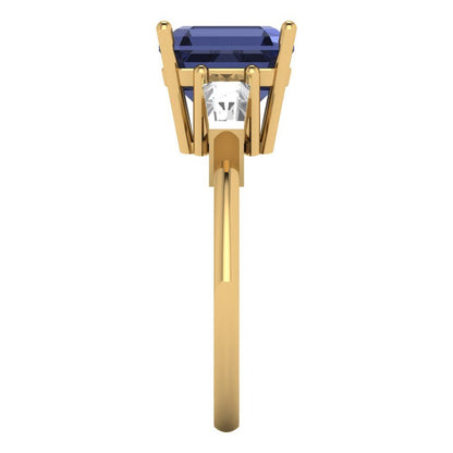 3 cttw Simulated Blue Sapphire Three-Stone Engagement Ring - Solid Gold (Asscher Cut,8.0mm)