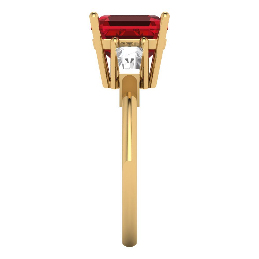 3 cttw Simulated Ruby Three-Stone Engagement Ring - Solid Yellow Gold (VVS1, Asscher Cut,8.0mm)