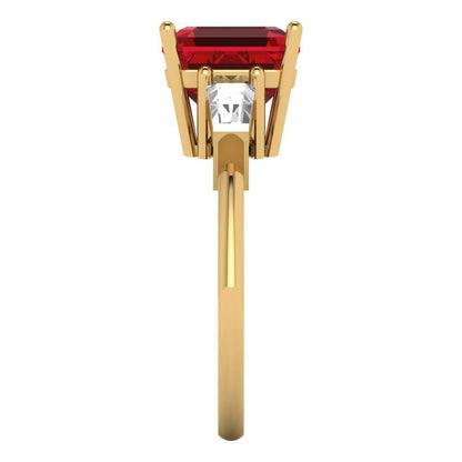 3 cttw Simulated Ruby Three-Stone Engagement Ring - Solid Yellow Gold (VVS1, Asscher Cut,8.0mm)
