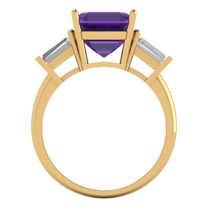 3 cttw Natural Amethyst Three-Stone Engagement Ring - Solid Yellow Gold (VVS1, Asscher Cut,8.0mm)