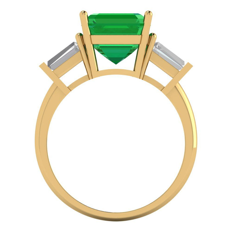 3 ct Brilliant Asscher Cut Simulated Emerald Stone Yellow Gold Three-Stone Ring
