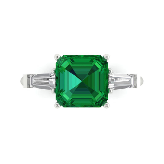 3 cttw Simulated Emerald Three-Stone Engagement Ring - Solid White Gold (VVS1, Asscher Cut,8.0mm)