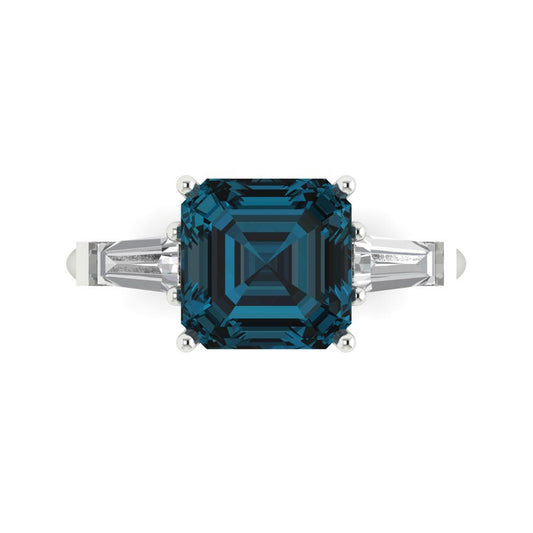 3 cttw Natural London Blue Topaz Three-Stone Engagement Ring - Solid White Gold (VVS1, Asscher Cut,8.0mm)