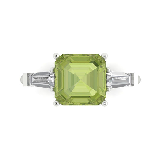 3 cttw Natural Peridot Three-Stone Engagement Ring - Solid White Gold (VVS1, Asscher Cut,8.0mm)