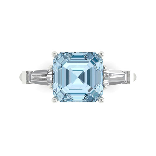 3 cttw Zirconia Simulated Blue Diamond Three-Stone Engagement Ring - Solid White Gold (VVS1, Asscher Cut,8.0mm)