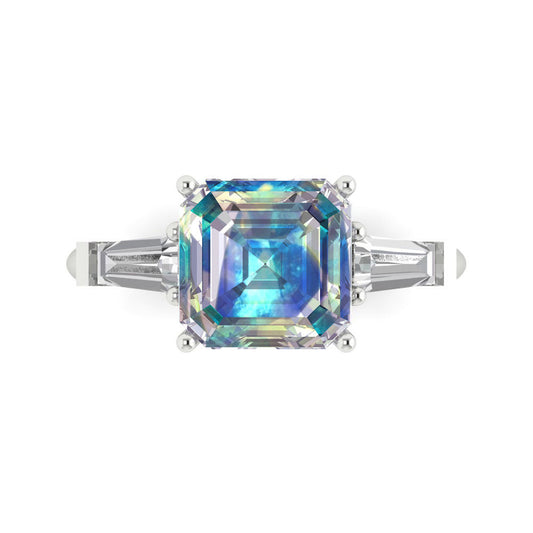 3 cttw Blue Moissanite Three-Stone Engagement Ring - Solid White Gold (VVS1, Asscher Cut,8.0mm)
