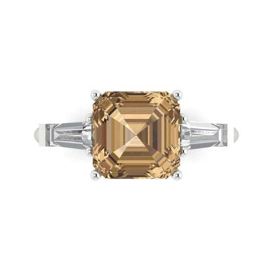 3 cttw Zirconia Simulated Champagne Diamond Three-Stone Engagement Ring - Solid White Gold (VVS1, Asscher Cut,8.0mm)