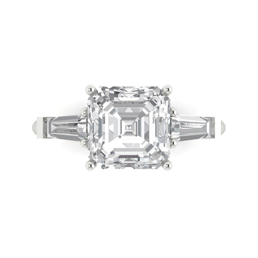 3 cttw White Sapphire Three-Stone Engagement Ring - Solid White Gold (VVS1, Asscher Cut,8.0mm)