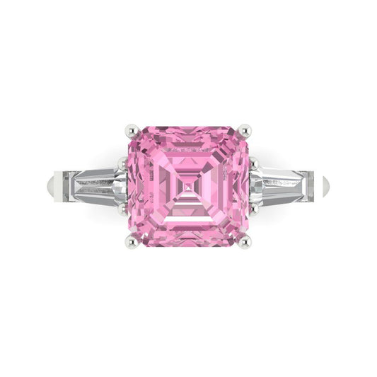 3 cttw Zirconia Simulated Pink Diamond Three-Stone Engagement Ring - Solid White Gold (VVS1, Asscher Cut,8.0mm)