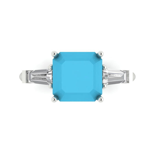 3 cttw Simulated Turquoise Three-Stone Engagement Ring - Solid White Gold (VVS1, Asscher Cut,8.0mm)