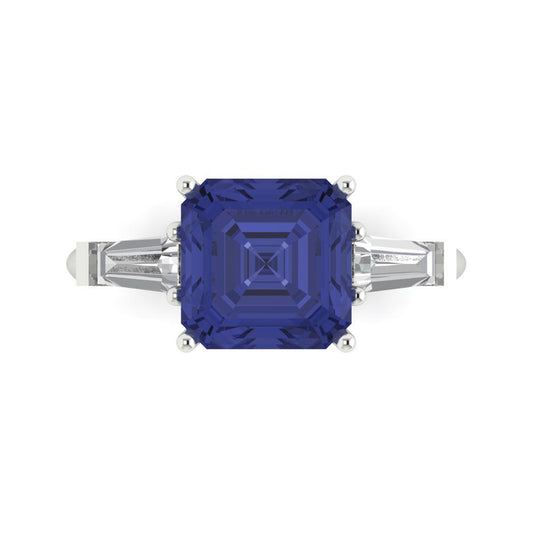 3 cttw Simulated Tanzanite Three-Stone Engagement Ring - Solid White Gold (VVS1, Asscher Cut,8.0mm)