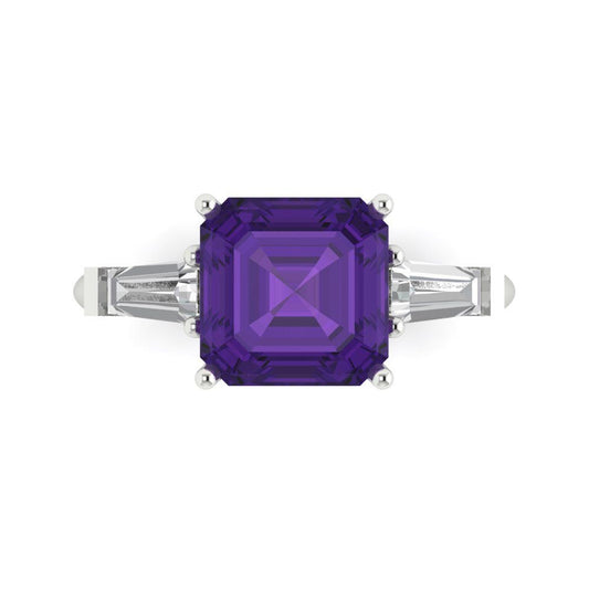 3 cttw Natural Amethyst Three-Stone Engagement Ring - Solid White Gold (VVS1, Asscher Cut,8.0mm)