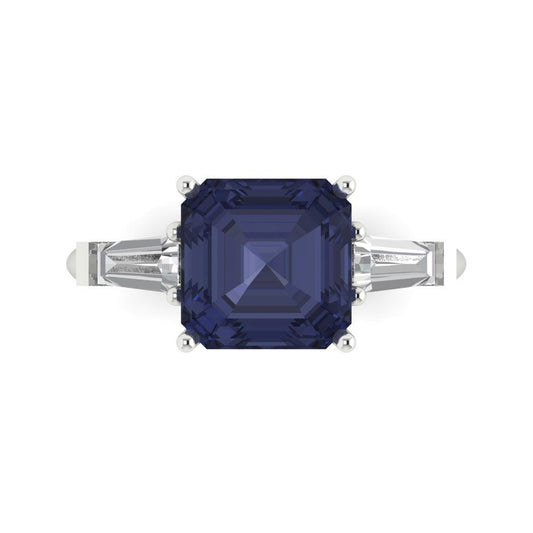 3 cttw Simulated Blue Sapphire Three-Stone Engagement Ring - Solid White Gold (VVS1, Asscher Cut,8.0mm)