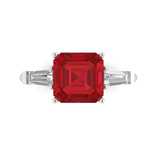 3 cttw Simulated Pink Tourmaline Three-Stone Engagement Ring - Solid White Gold (VVS1, Asscher Cut,8.0mm)