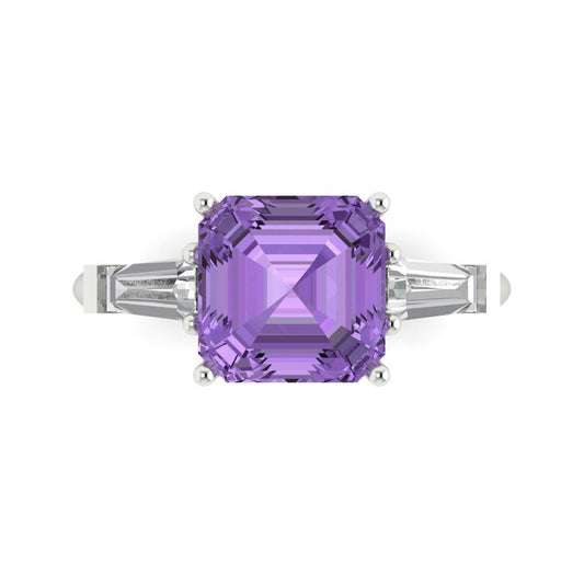 3 cttw Simulated Alexandrite Three-Stone Engagement Ring - Solid White Gold (VVS1, Asscher Cut,8.0mm)