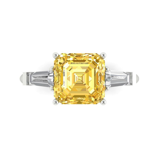 3 cttw Zirconia Simulated Yellow Diamond Three-Stone Engagement Ring - Solid White Gold (VVS1, Asscher Cut,8.0mm)