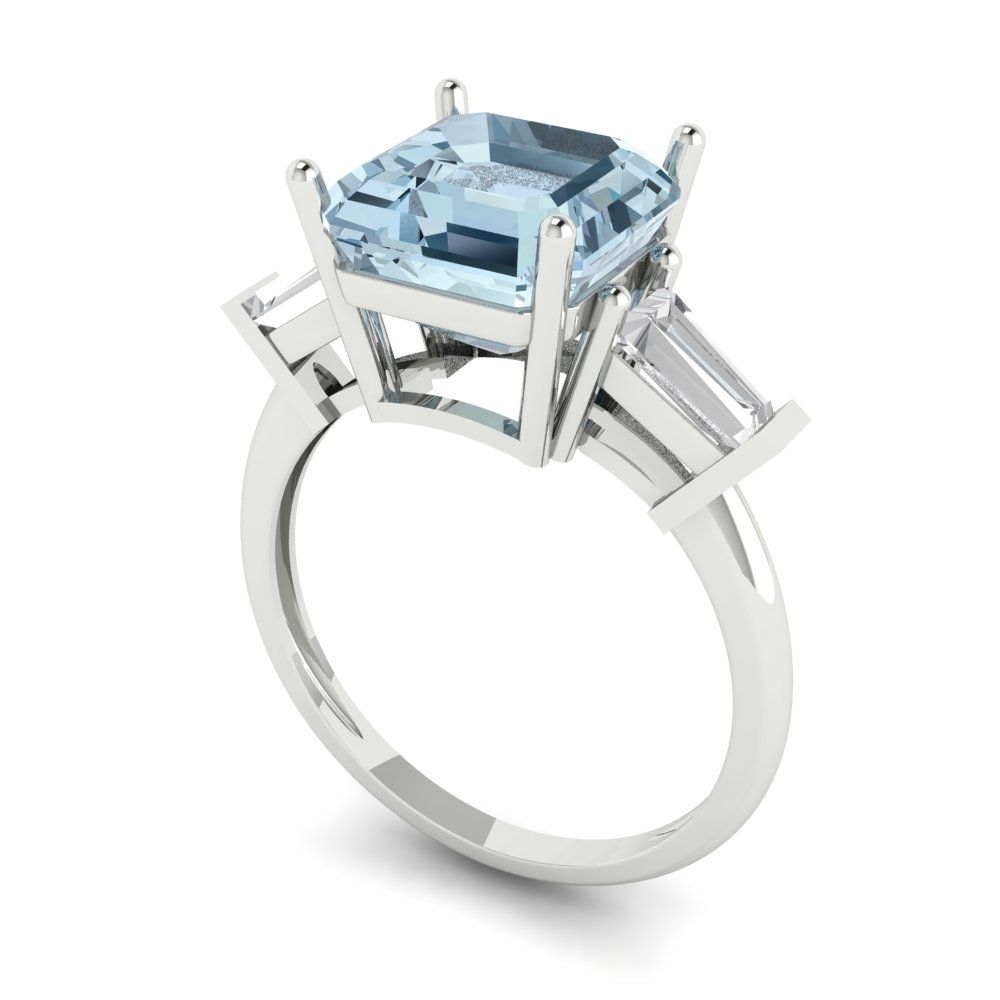 3 cttw Zirconia Simulated Blue Diamond Three-Stone Engagement Ring - Solid Gold (VVS1, Asscher Cut,8.0mm)