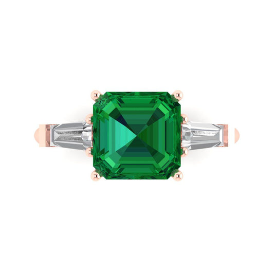 3 cttw Simulated Emerald Three-Stone Engagement Ring - Solid Rose Gold (VVS1, Asscher Cut,8.0mm)