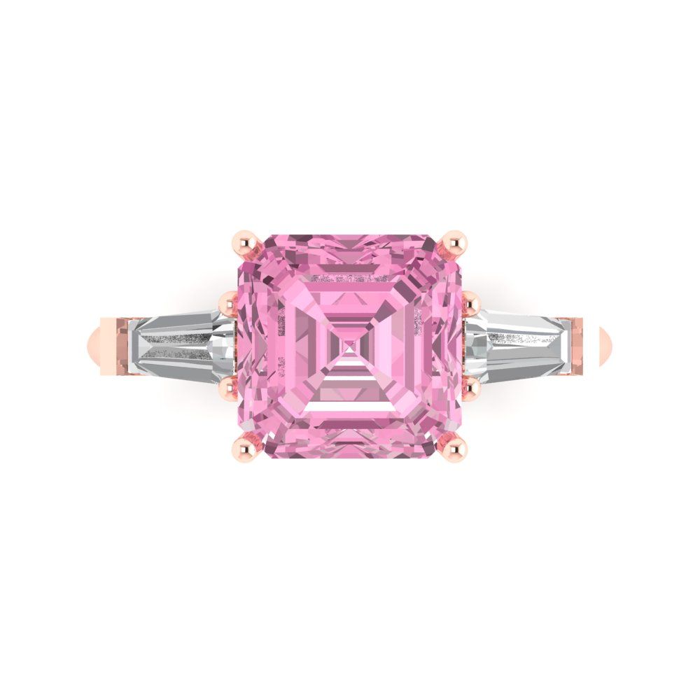 3 cttw Zirconia Simulated Pink Diamond Three-Stone Engagement Ring - Solid Gold (VVS1, Asscher Cut,8.0mm)