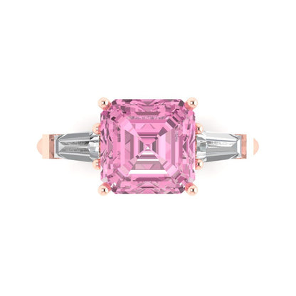 3 cttw Zirconia Simulated Pink Diamond Three-Stone Engagement Ring - Solid Gold (VVS1, Asscher Cut,8.0mm)