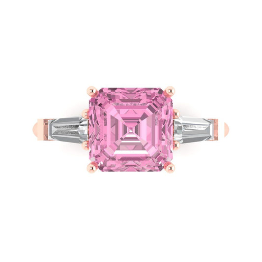 3 cttw Zirconia Simulated Pink Diamond Three-Stone Engagement Ring - Solid Rose Gold (VVS1, Asscher Cut,8.0mm)