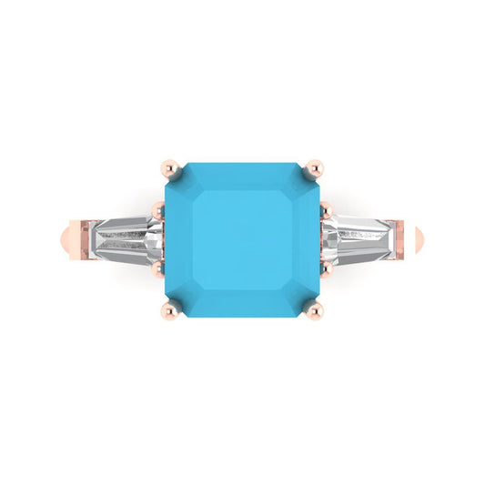 3 cttw Simulated Turquoise Three-Stone Engagement Ring - Solid Rose Gold (VVS1, Asscher Cut,8.0mm)