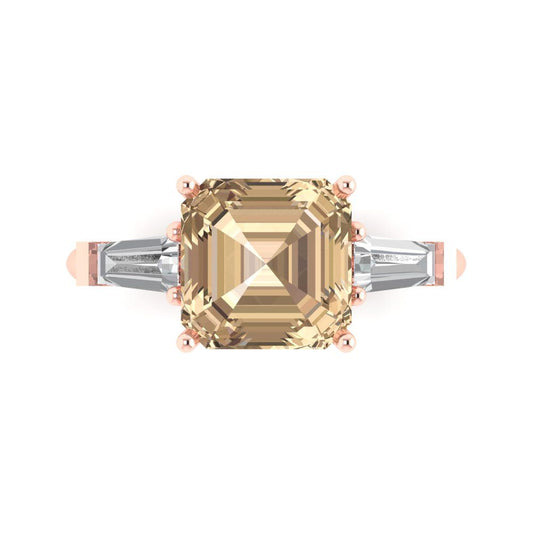 3 cttw Yellow Moissanite Three-Stone Engagement Ring - Solid Rose Gold (VVS1, Asscher Cut,8.0mm)