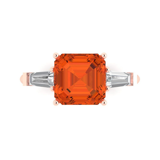 3 cttw Zirconia Simulated Red Diamond Three-Stone Engagement Ring - Solid Rose Gold (VVS1, Asscher Cut,8.0mm)