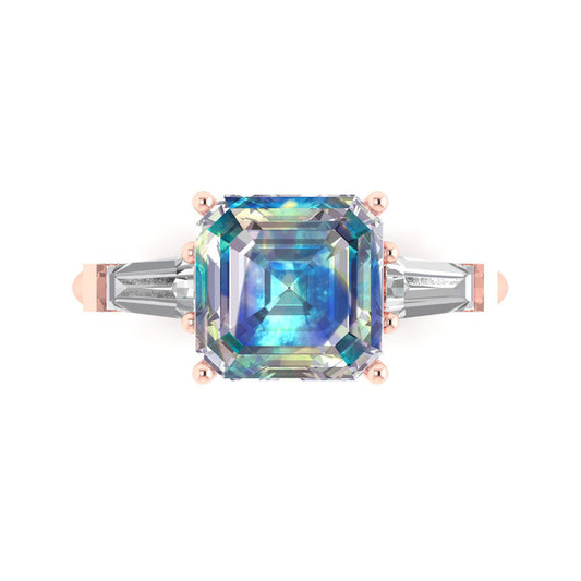 3 cttw Blue Moissanite Three-Stone Engagement Ring - Solid Rose Gold (VVS1, Asscher Cut,8.0mm)