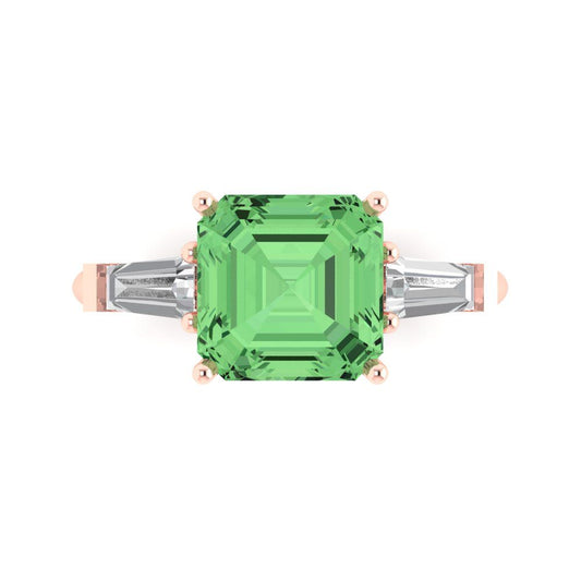 3 cttw Zirconia Simulated Green Diamond Three-Stone Engagement Ring - Solid Rose Gold (VVS1, Asscher Cut,8.0mm)