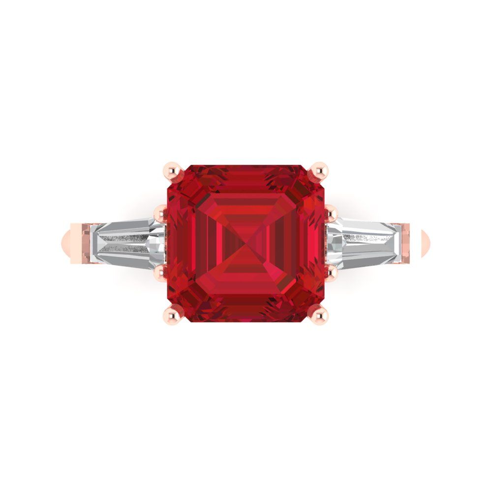 3 cttw Simulated Ruby Three-Stone Engagement Ring - Solid Rose Gold (VVS1, Asscher Cut,8.0mm)