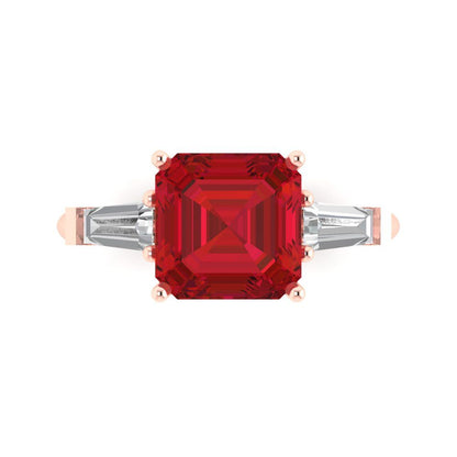 3 cttw Simulated Ruby Three-Stone Engagement Ring - Solid Rose Gold (VVS1, Asscher Cut,8.0mm)