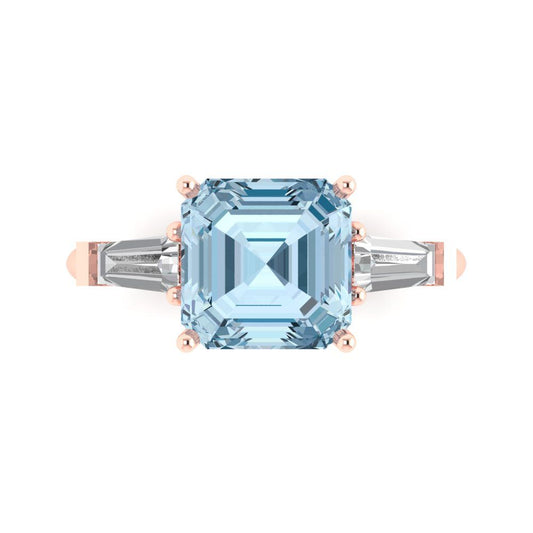 3 cttw Natural Aquamarine Three-Stone Engagement Ring - Solid Rose Gold (VVS1, Asscher Cut,8.0mm)