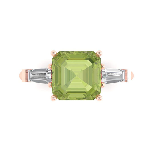 3 cttw Natural Peridot Three-Stone Engagement Ring - Solid Rose Gold (VVS1, Asscher Cut,8.0mm)