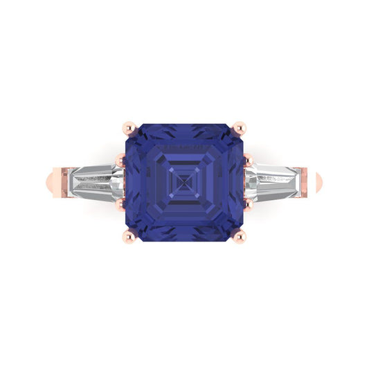 3 cttw Simulated Tanzanite Three-Stone Engagement Ring - Solid Rose Gold (VVS1, Asscher Cut,8.0mm)